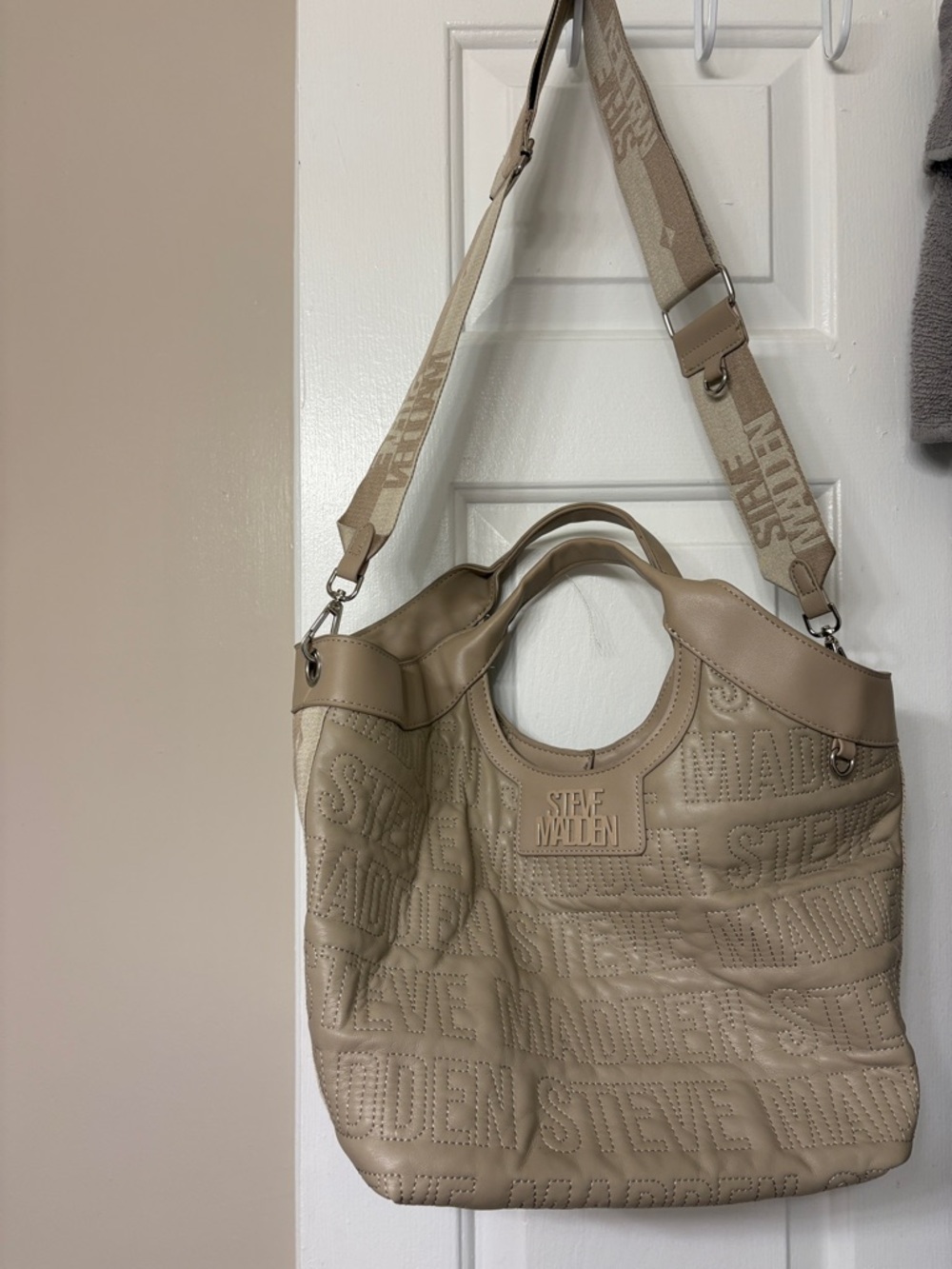Steve Madden Embossed Logo Taupe Tote - Picture 3 of 5